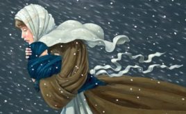 Egy szegényen öltözött kislány kis batyuval meg a hóviharban szél ellen.